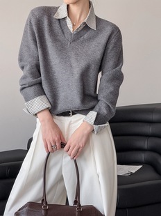 橘芷早春假两件拼接格子Polo领套头毛衣女休闲针织衫 A157