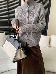 司南 冬日物语 慵懒风复古绞花立领保暖针织开衫毛衣外套 SN8470