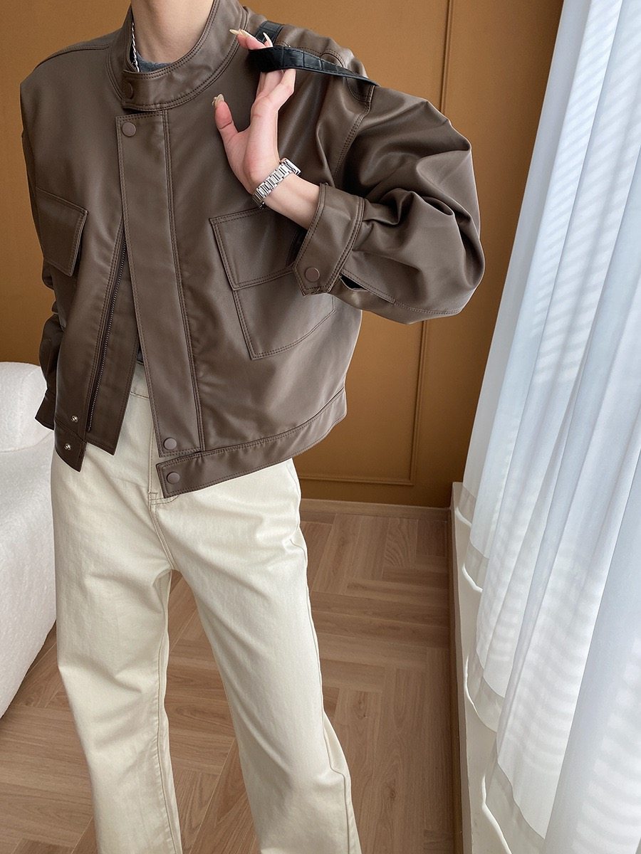 司南 美式摩登感 复古工装立领短款皮衣外套2025秋冬新款 SN5252,女装/女士精品,皮衣,淘宝优惠券,粉丝福利购,淘宝优惠卷