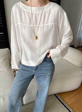 司南 早春新款 后背镂空系带设计感圆领套头宽松长袖衬衫 SN8653