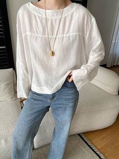 司南 早春新款 后背镂空系带设计感圆领套头宽松长袖衬衫 SN8653