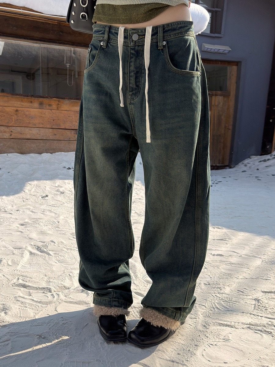 MMFISH时髦街头猫须设计感做旧洗水复古直筒阔腿加绒牛仔裤24K461