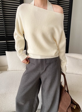 司南 早春新款 法式温柔风挂脖背心一字肩宽松针织衫套装 SN8564