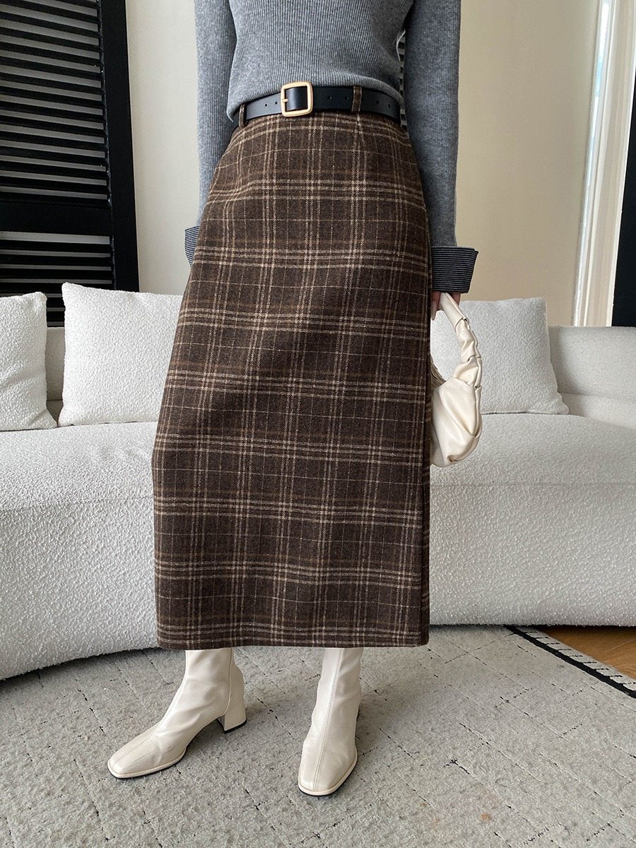 司南 博主调性 复古格纹松紧高腰显瘦直筒加绒毛呢半身裙 SN8503
