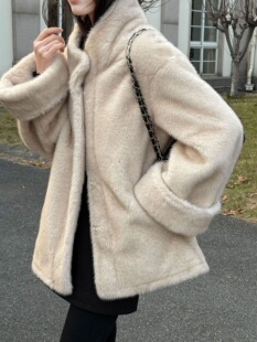 鹿西 韩系环保貂毛立领仿皮草女冬季麂皮内里高级感毛毛外套52007