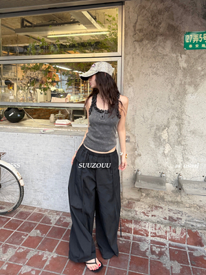 MMFISH时髦街头设计感松紧腰屁帘假两件工装休闲直筒阔腿裤25K316