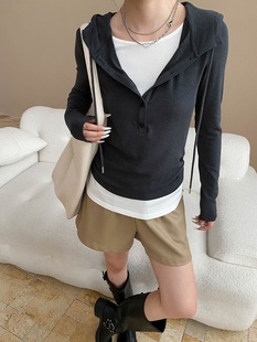 T恤打底衫 撞色假两件设计感抽绳连帽长袖 SN8170 随性氛围 司南