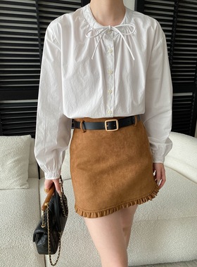 司南 早春新款 法式高级感系带圆领宽松显瘦全棉长袖衬衫 SN8657