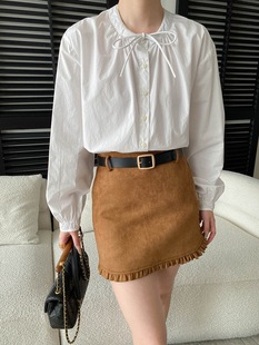 司南 早春新款 法式高级感系带圆领宽松显瘦全棉长袖衬衫 SN8657