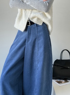 橘芷冬韩版复古纯色灯芯绒加绒阔腿裤时髦显气质宽松休闲裤66118