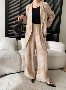 司南 早春新款 亚麻混纺高智老钱晕染西装外套阔腿裤套装 SN8644