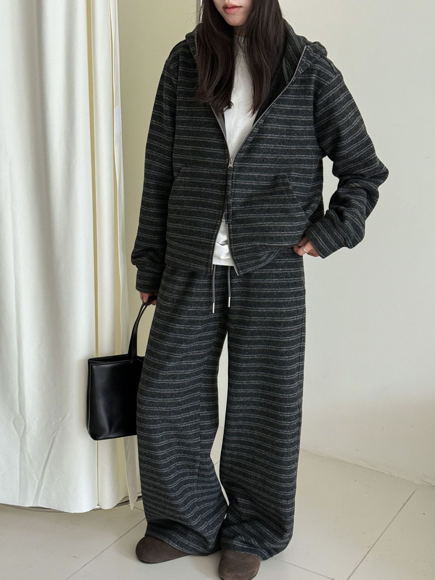 鹿西 复古条纹拉链连帽加绒开衫上衣+阔腿裤两件套装女冬新款2151