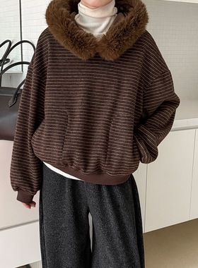 鹿西 美式条纹毛领连帽卫衣女冬季2025新款加绒保暖绒衫上衣89015