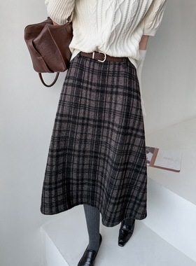 橘芷格子裙女冬复古高腰大裙摆新款a字裙半身裙高级感5929