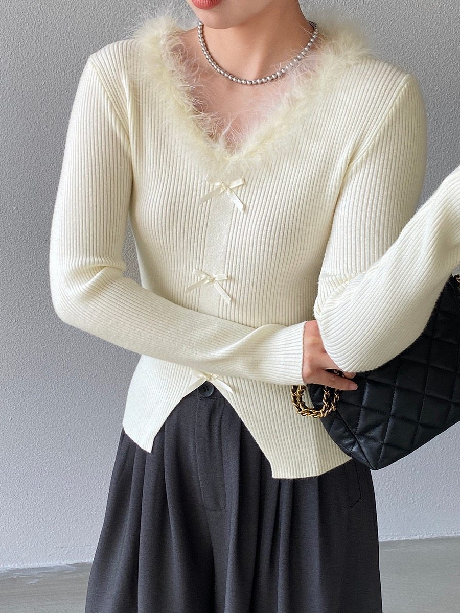 江左 香软千金~温柔软糯修身毛领蝴蝶结V领内搭针织衫上衣女 6657