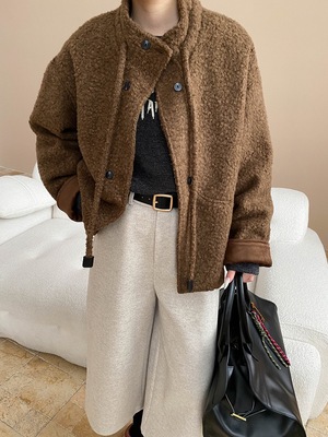 司南 暖呼呼入冬 慵懒风抽绳立领双排扣仿羊羔毛保暖外套 SN8218