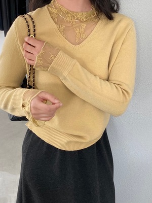 江左 白色V领假两件蕾丝打底衫女内搭2025秋季新款设计感毛衣2556