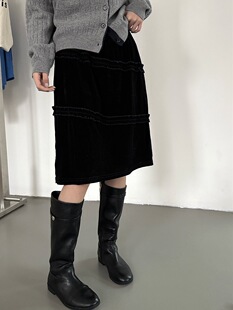 黎诺早春新款韩系木耳边拼接丝绒半裙女2026时尚洋气松紧腰裙子潮