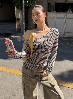 「 1.16 春夏新品 」 MMFISH 条纹铆钉斜肩假两件长袖T恤 26T002