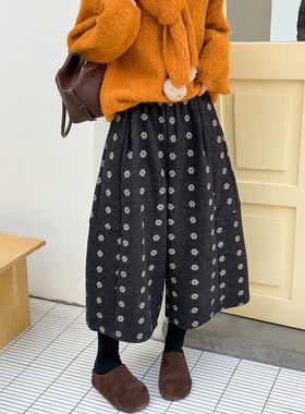 橘芷2025冬韩版时尚复古简约显瘦花朵裤松紧腰阔腿八分裤女25759