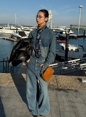 MMFISH松弛洗水设计感牛仔衬衫+猫爪直筒阔腿磨毛牛仔裤C790&K791