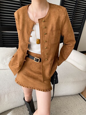 司南 早春新款 不费力博主风仿麂皮绒外套半身裙两件套装 SN8646