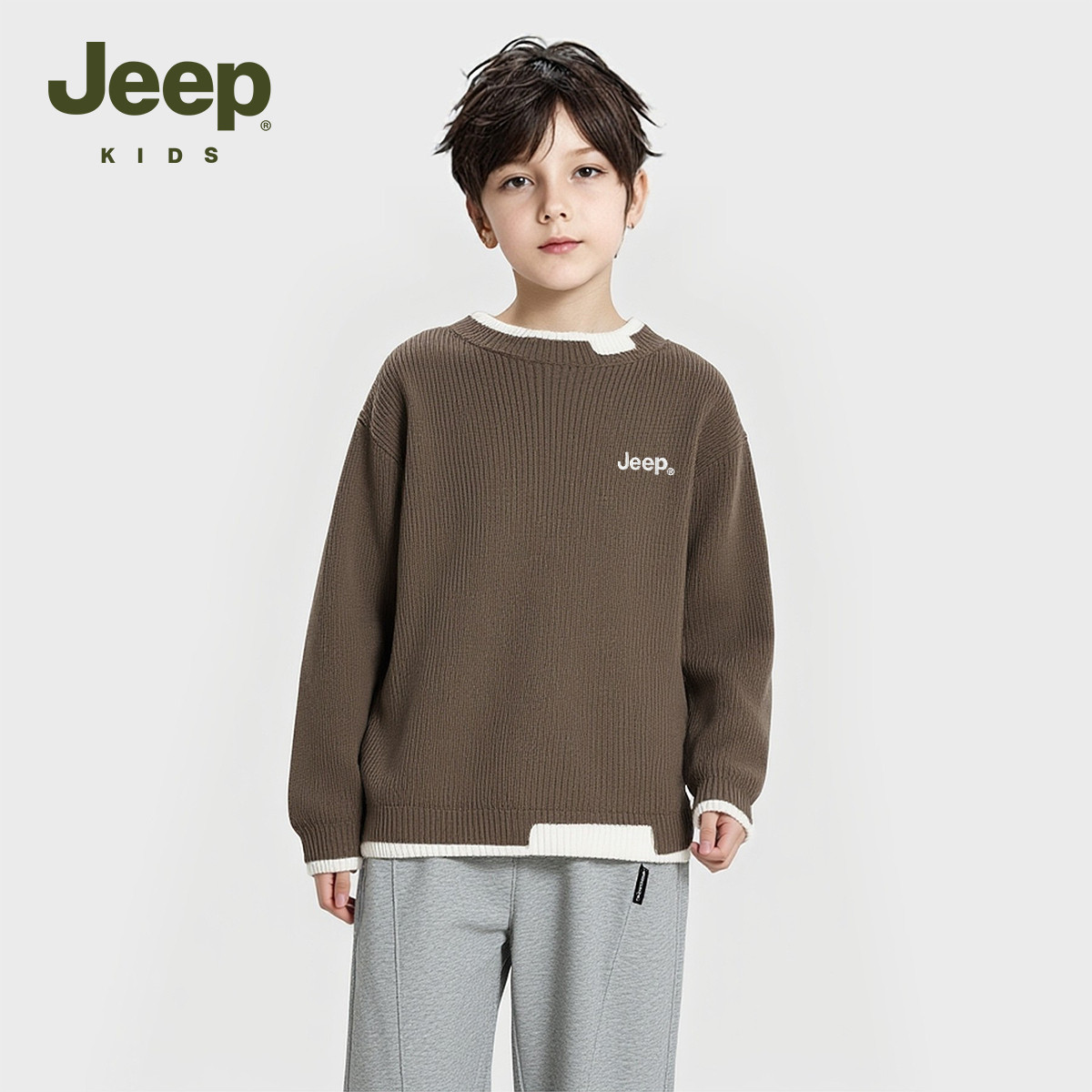 Jeep吉普假两件毛衣男童2025冬季新款休闲圆领宽松打底针织衫上衣