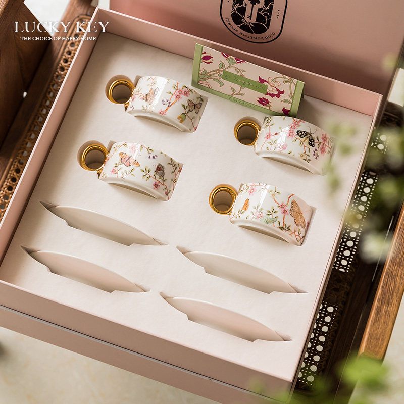 幸运秘钥蝶恋花咖啡杯套装高档精致陶瓷杯子礼盒送人乔迁新婚礼物