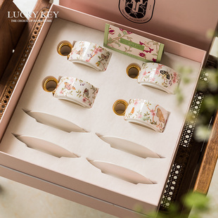 幸运秘钥蝶恋花咖啡杯套装高档精致陶瓷杯子礼盒送人乔迁新婚礼物