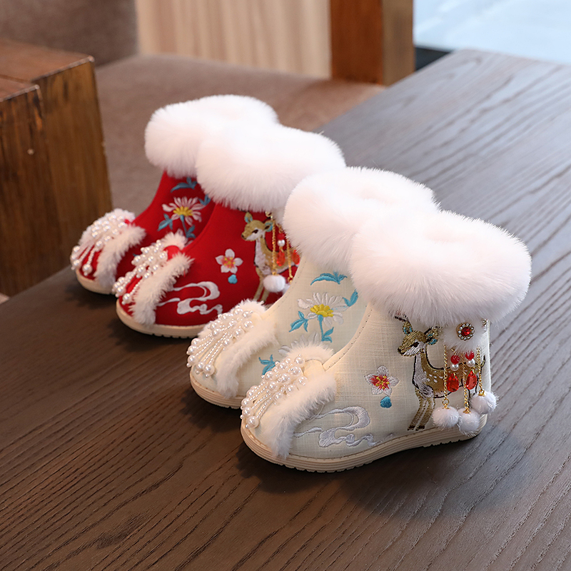女童汉服鞋冬季加厚配拜年服女童鞋中国风红色儿童绣花鞋保暖棉鞋