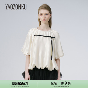 上衣 YAOZONKU姚宗谷设计师款 25春夏新款 蝴蝶结装 饰抽褶五分袖