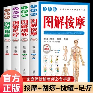 刮痧从头到脚奇效按摩彩绘图解足底腰部背部脸部头部人体经络穴位图推拿详细步骤中医实用疗法大全中医书 足疗 全4册图解拔罐 按摩