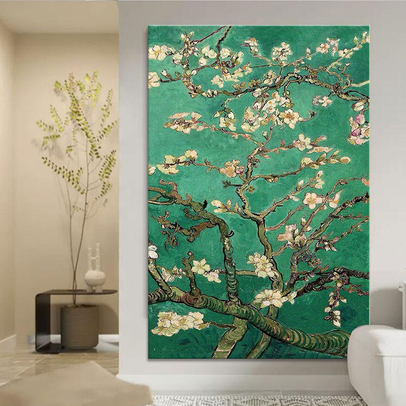 名画梵高杏花客厅装饰画绿色花卉纯手绘油画抽象肌理植物玄关挂画图片