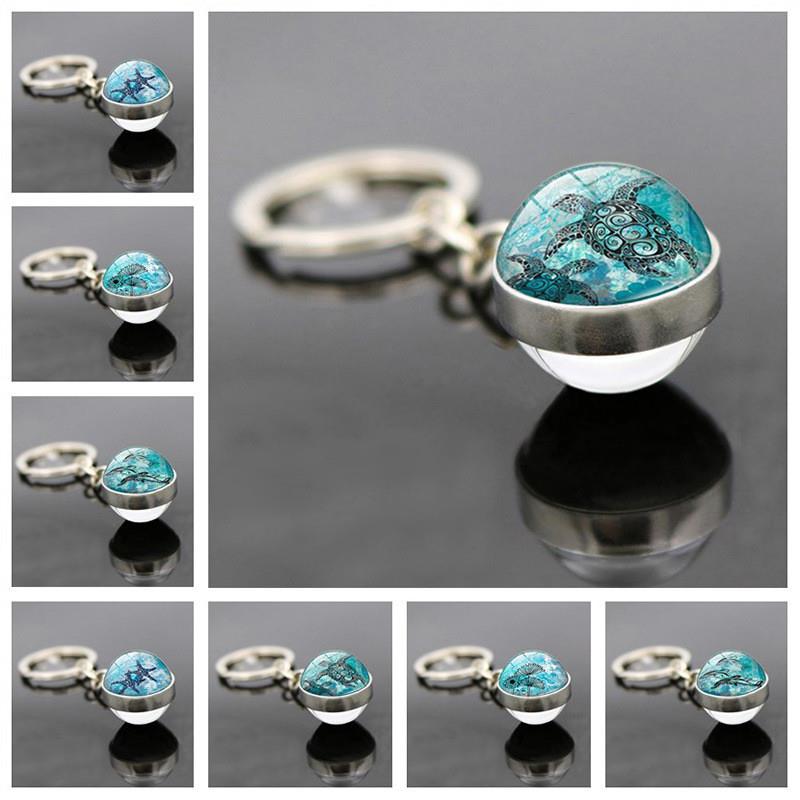 新款海洋生物海星海龟海豚钥匙扣挂件 双面玻璃球时光宝石钥匙链