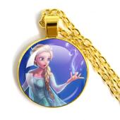 新款 跨境热卖 卡通冰雪奇缘艾莎公主系列吊坠金色合金时光宝石项链