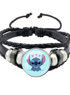 新款跨境热卖Stitch星际宝贝史迪仔卡通时光宝石黑色皮绳手链编织