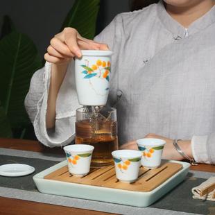 旅行功夫茶具套装 青瓷手绘枇杷快客杯防烫陶瓷一壶三杯玻璃便携式