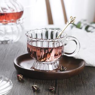 复古条纹玻璃杯碟家用下午茶高脚杯子套装 英式 咖啡杯花茶杯饮料杯