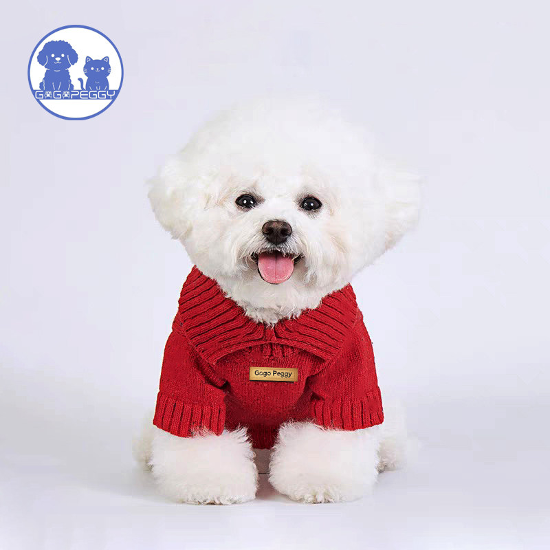 宠物翻领彩点针织毛衣狗狗猫咪服装法斗小型犬红喜庆保暖背心秋冬