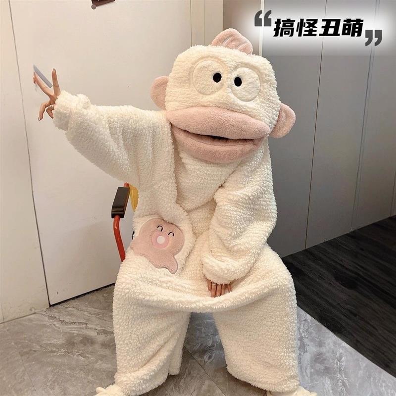 丑鱼连体睡衣冬女搞怪可爱白色大嘴鱼毛绒冬季家居服连帽加厚睡袍