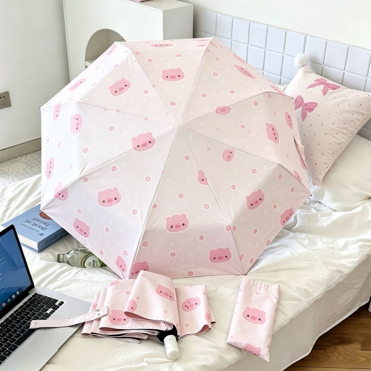 小猪晴雨两用防晒遮阳折叠全自动黑胶雨伞便携盐系少女学生太阳伞
