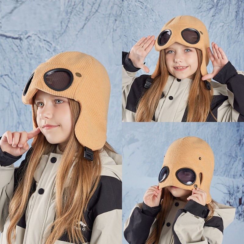 儿童滑雪帽子眼镜一体加绒保暖护耳飞行帽户外防风护目镜套头雷锋