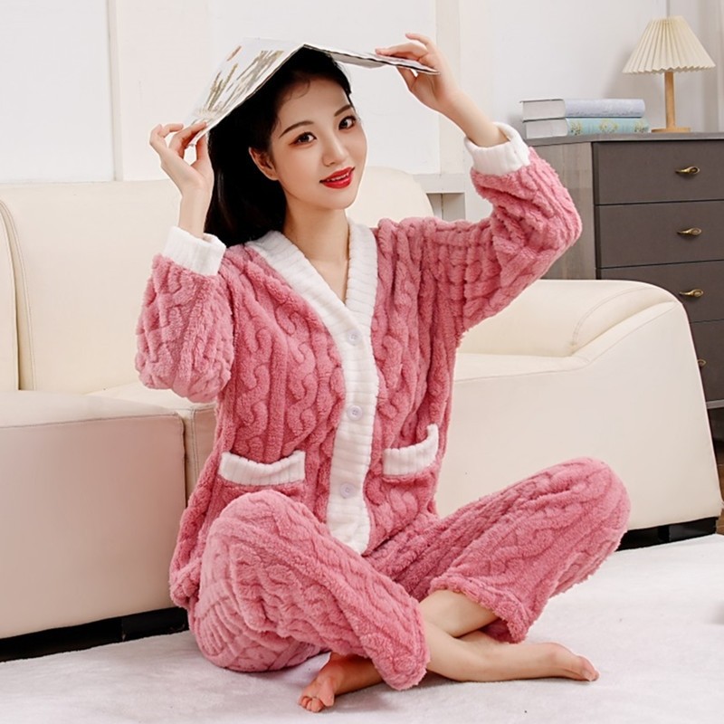 睡衣女可外穿冬珊瑚绒加厚带口袋休闲居家开衫甜妹宽松版外穿套装