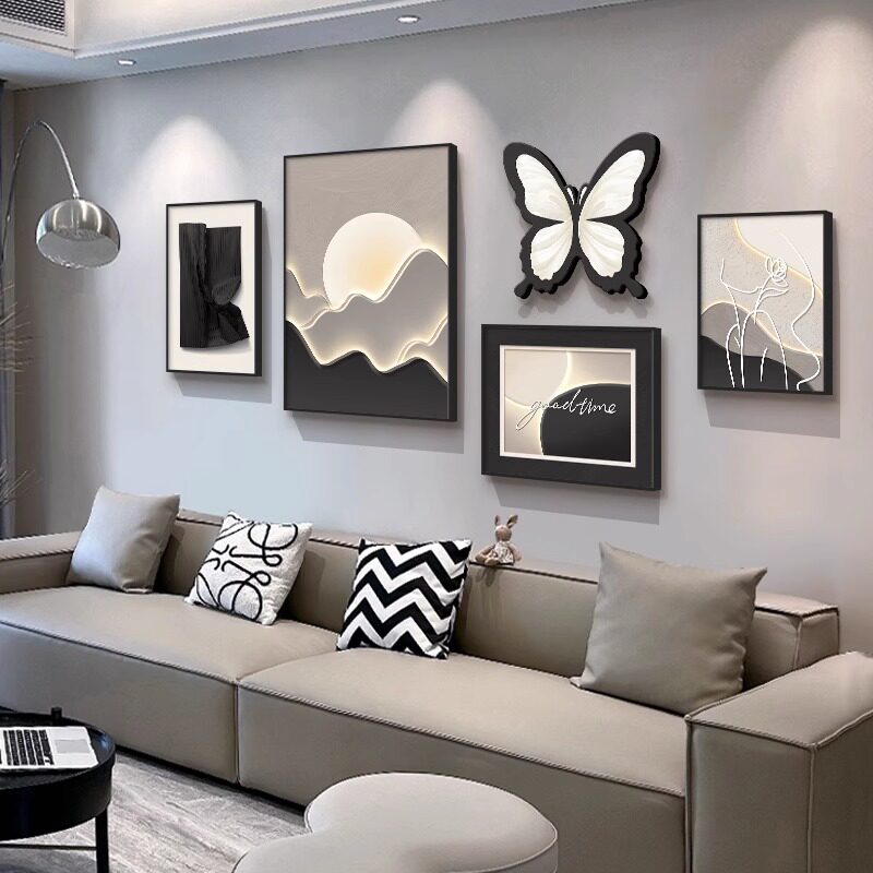 现代简约客厅装饰画轻奢高级感沙发背景墙挂画2025新款黑白灰壁画