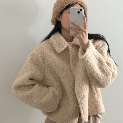 韩系 chic 羊羔毛皮毛一体外套女冬季翻领单排扣减龄短款夹克上衣