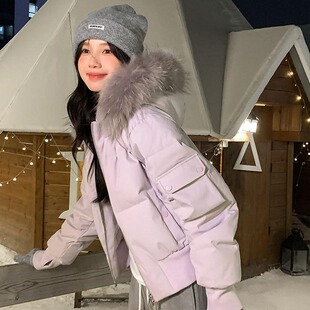 仿真貉子毛领棉服女冬防风短款连帽小个子外套