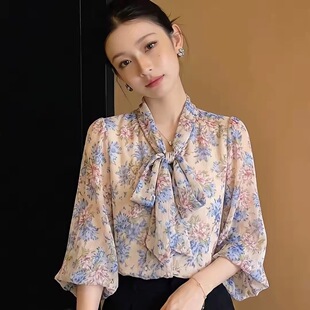秋装新款时尚碎花九分袖系带蝴蝶结雪纺衫韩系减龄显瘦宽松衬衫女
