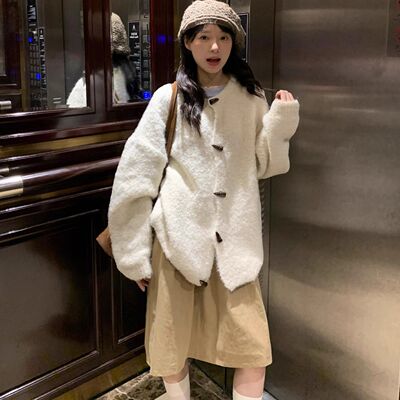 小众设计感牛角扣针织开衫女秋冬新款韩系软糯慵懒风宽松毛衣外套