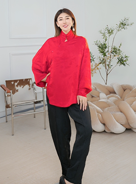 福洱新中式提花阔腿裤女时尚双口袋高腰萝卜裤宽松九分裤.5Y04090