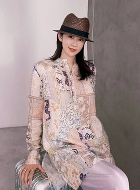 福洱新中式气质长袖时尚夏季印花上衣女.5Y02187